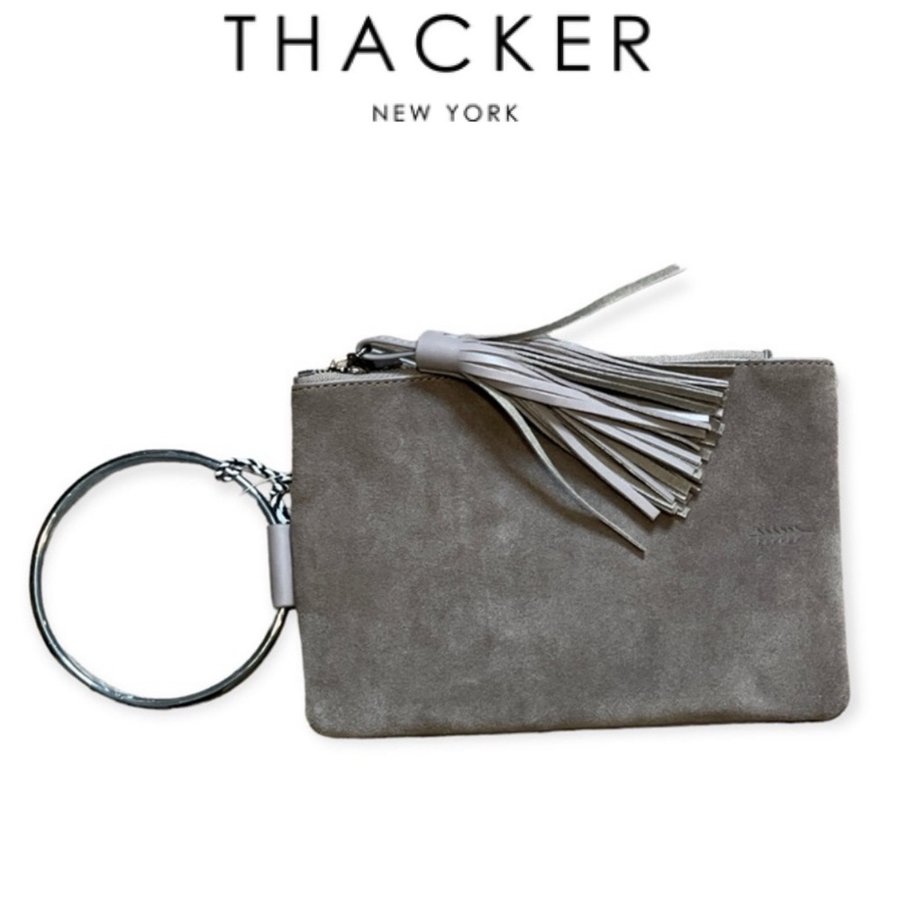 THACKER NOLITA TAUPE SUEDE & LEATHER RING CLUTCH TASSEL WRISTLET **NWT**